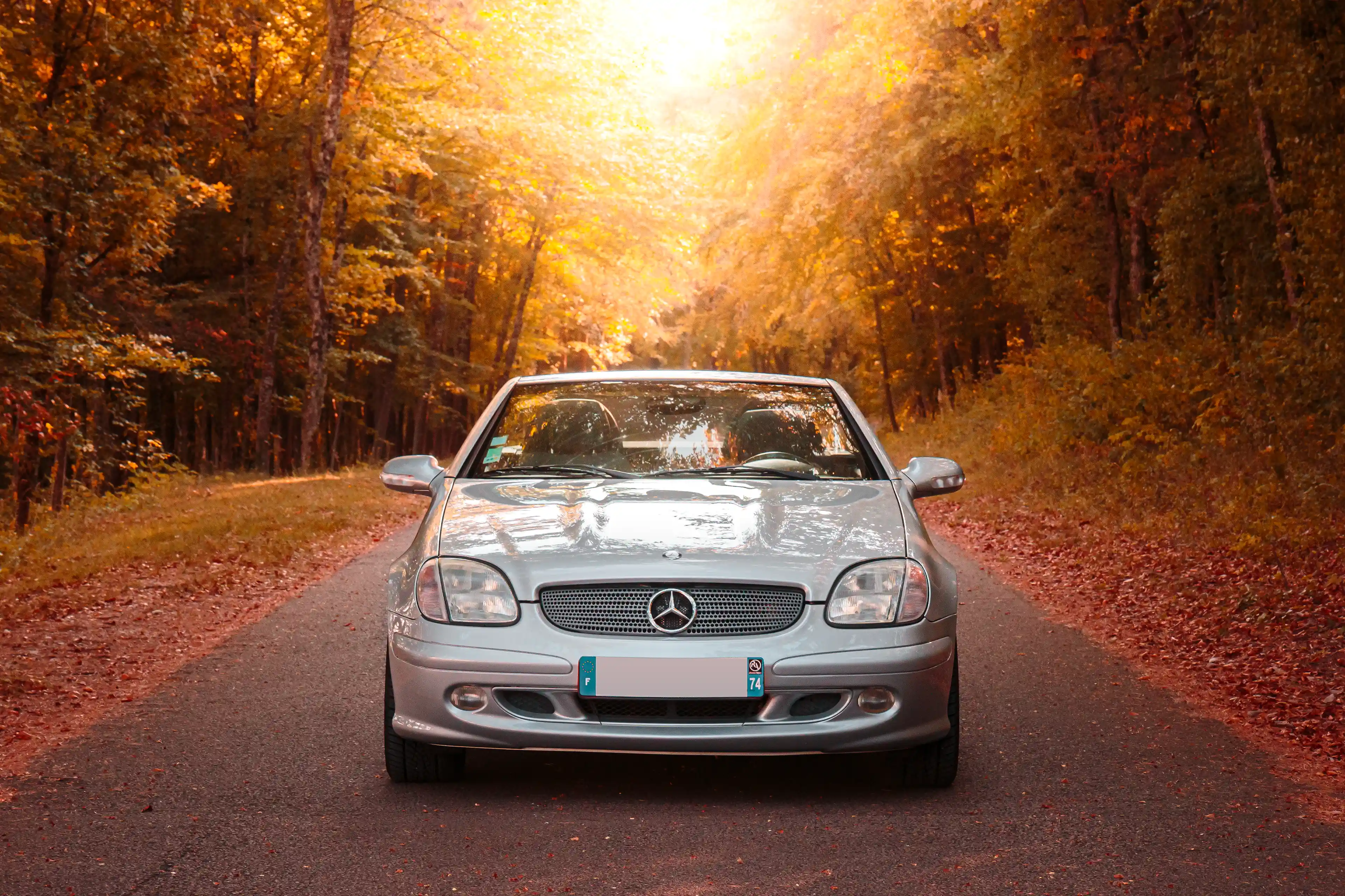 Face avant d'une Mercedes SLK R170 grise à l'automne