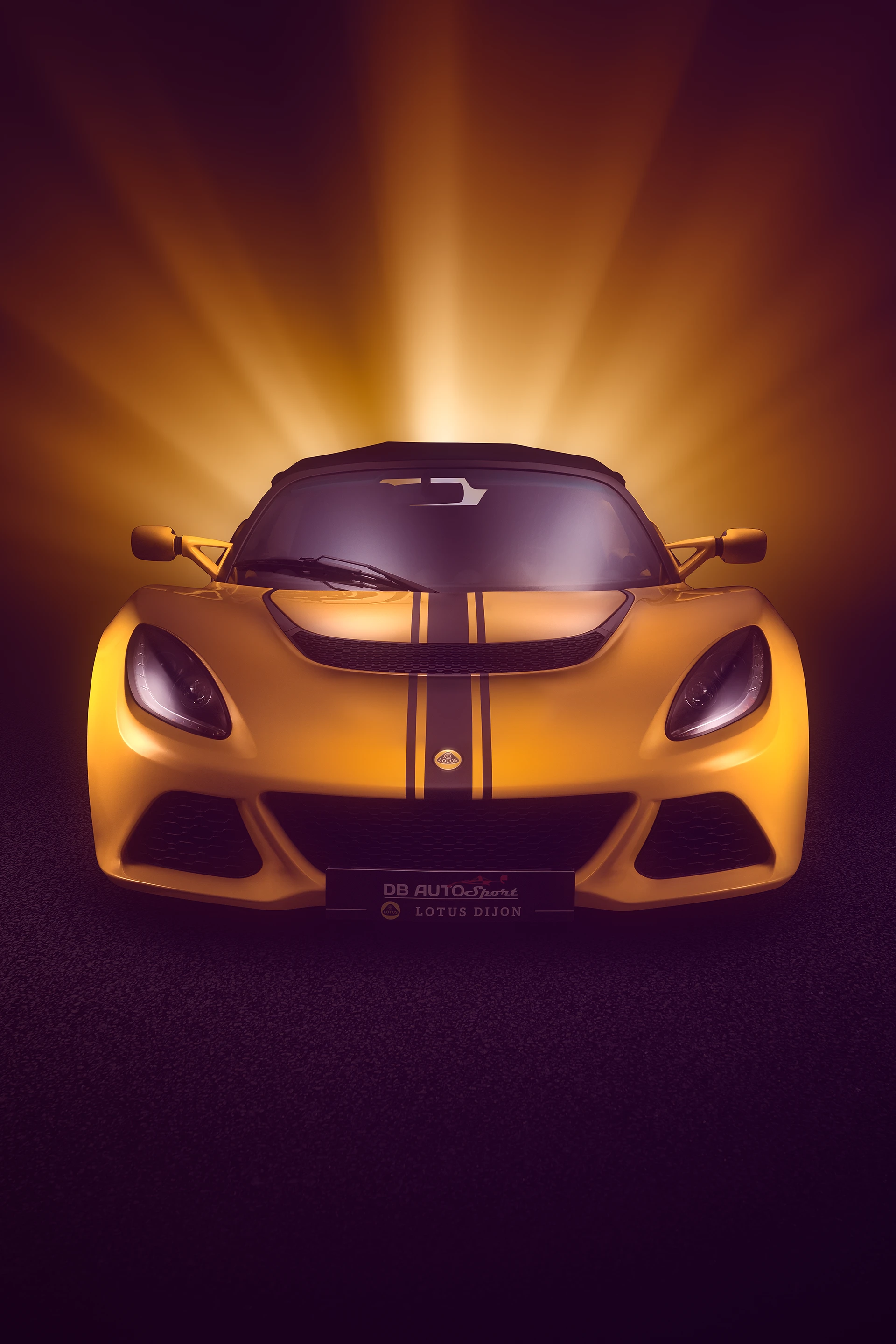 Avant d'une Lotus Elise S3 jaune à bande noire avec la technique FDL