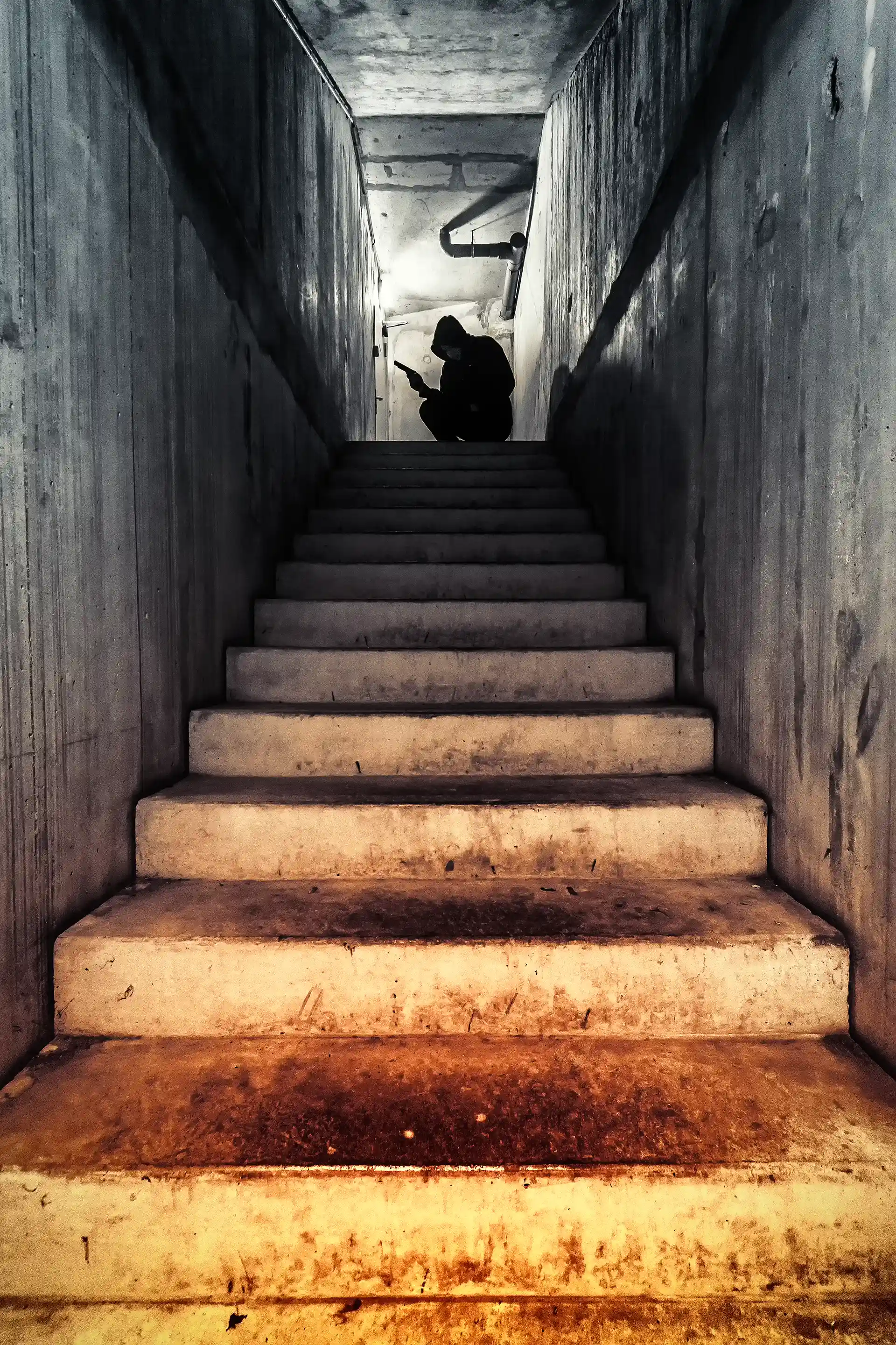 Photo urbex aux teintes froides et chaudes avec un homme armé en haut d'un escalier