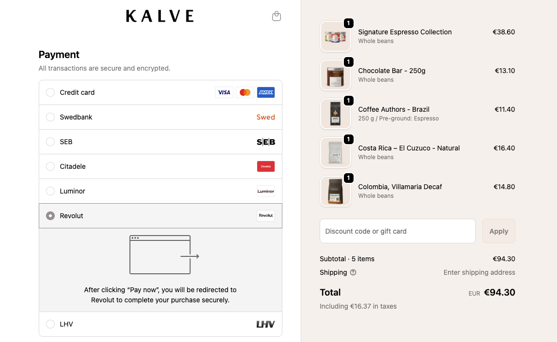 Screenshot of Kalve's online store checkout page