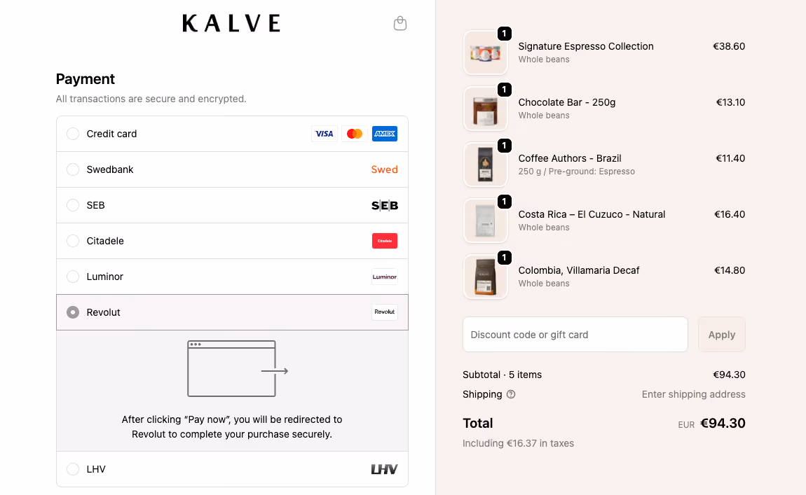 Zrzut ekranu strony checkoutu w sklepie internetowym Kalve Coffee