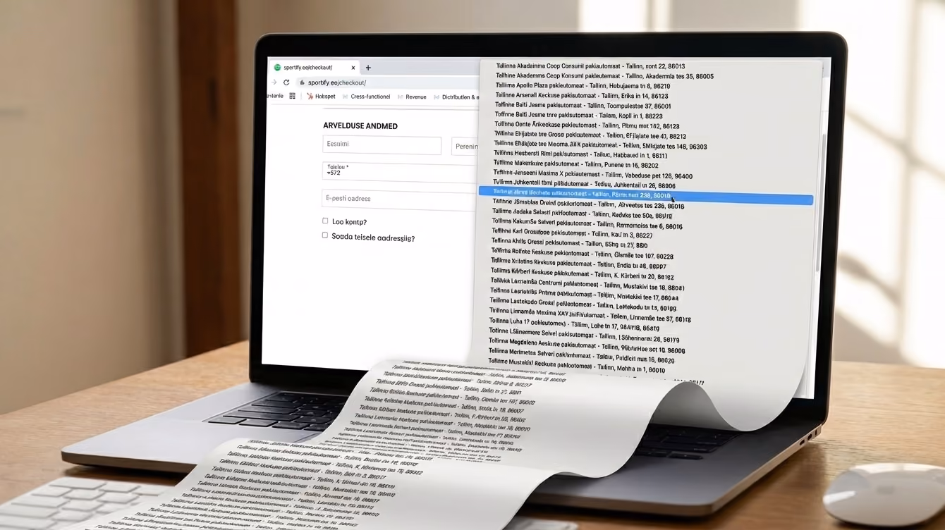 Laptop wyświetlający stronę kasy e-commerce, na której nieuporządkowana lista rozwijana paczkomatów jest tak długa, że wizualnie „wylewa się” z ekranu na biurko, przypominając gigantyczny paragon.