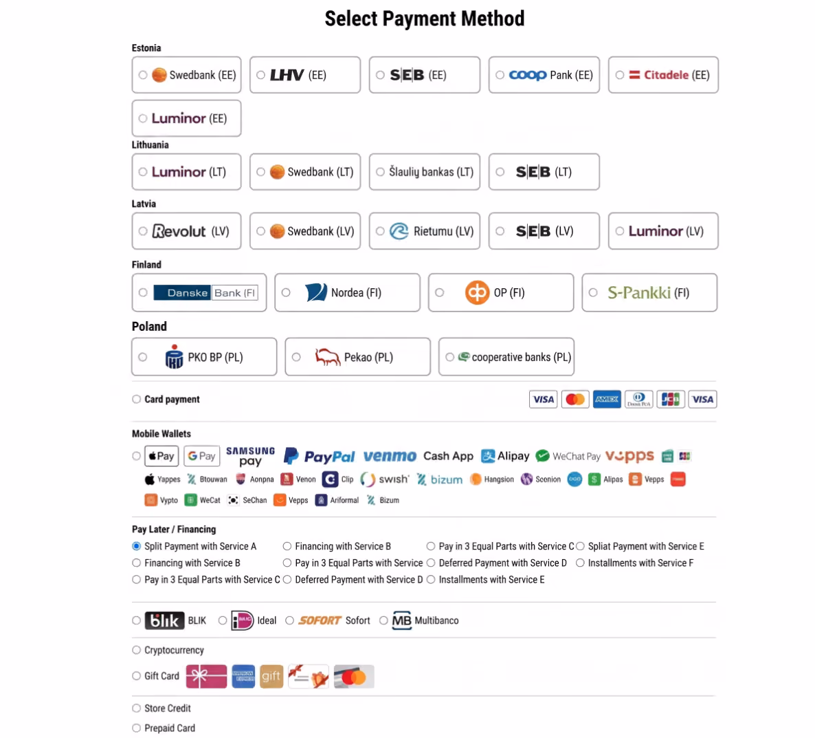 Image of a payment screen offering an exaggerated amount of payment options