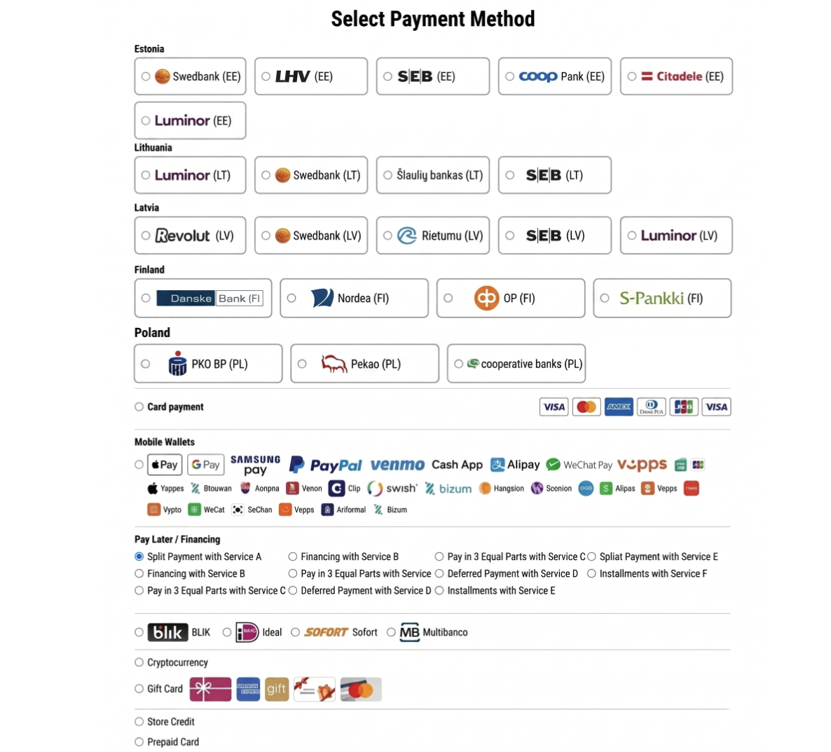 Image of a payment screen offering an exaggerated amount of payment options