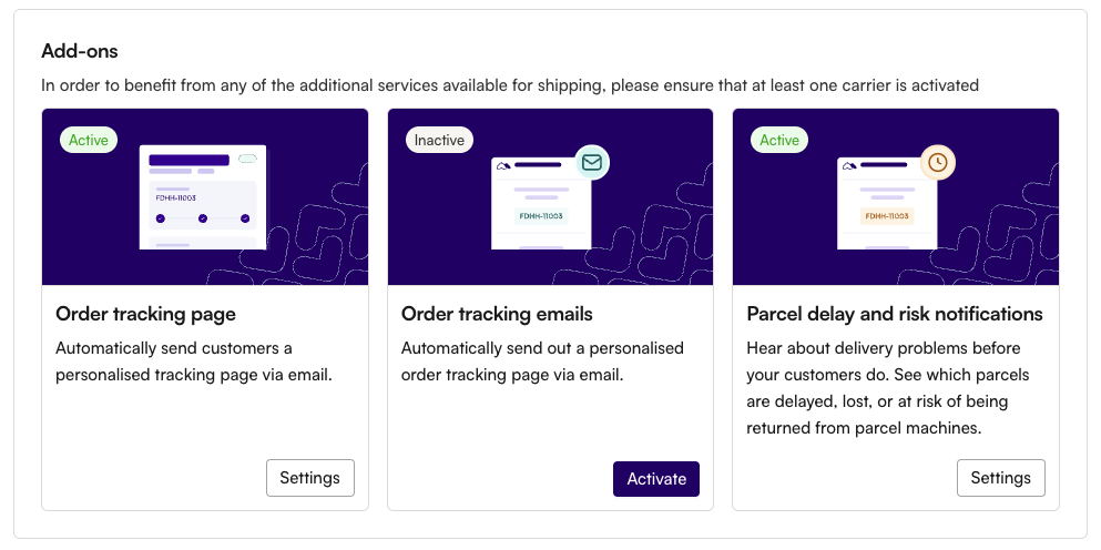Screenshot from Montonio Partner System showing Shipping add-ons like tracking page, tracking emails, and parcel delay notifications.