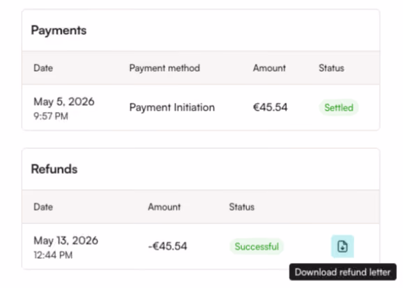 Screenshot showing the refund letter download option in Montonio Partner System