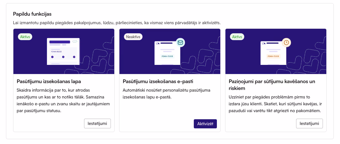 Ekrānuzņēmums no Montonio partneru sistēmas, kurā redzami piegādes papildinājumi, piemēram, izsekošanas lapa, izsekošanas e-pasti un paziņojumi par sūtījumu aizkavēšanos.