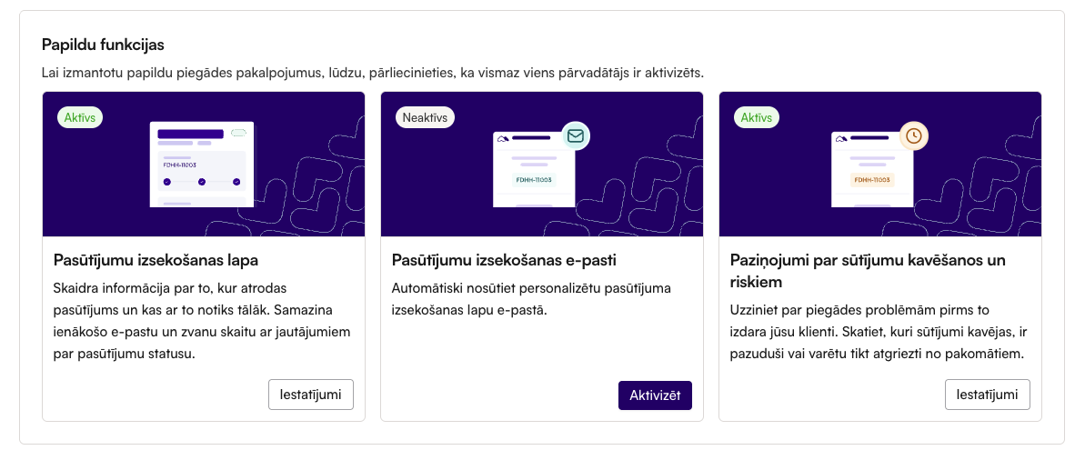 Ekrānuzņēmums no Montonio partneru sistēmas, kurā redzami piegādes papildinājumi, piemēram, izsekošanas lapa, izsekošanas e-pasti un paziņojumi par sūtījumu aizkavēšanos.