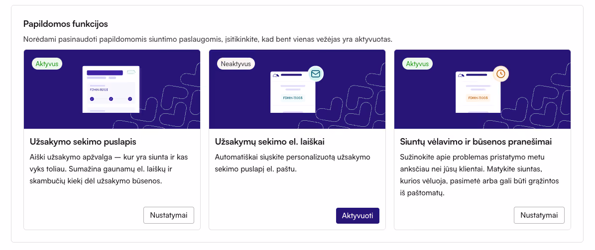 Ekrano kopija iš „Montonio“ partnerių sistemos, kurioje matomi pristatymo papildiniai, tokie kaip sekimo puslapis, sekimo el. laiškai ir pranešimai apie siuntos vėlavimą.