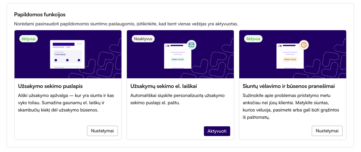 Ekrano kopija iš „Montonio“ partnerių sistemos, kurioje matomi pristatymo papildiniai, tokie kaip sekimo puslapis, sekimo el. laiškai ir pranešimai apie siuntos vėlavimą.