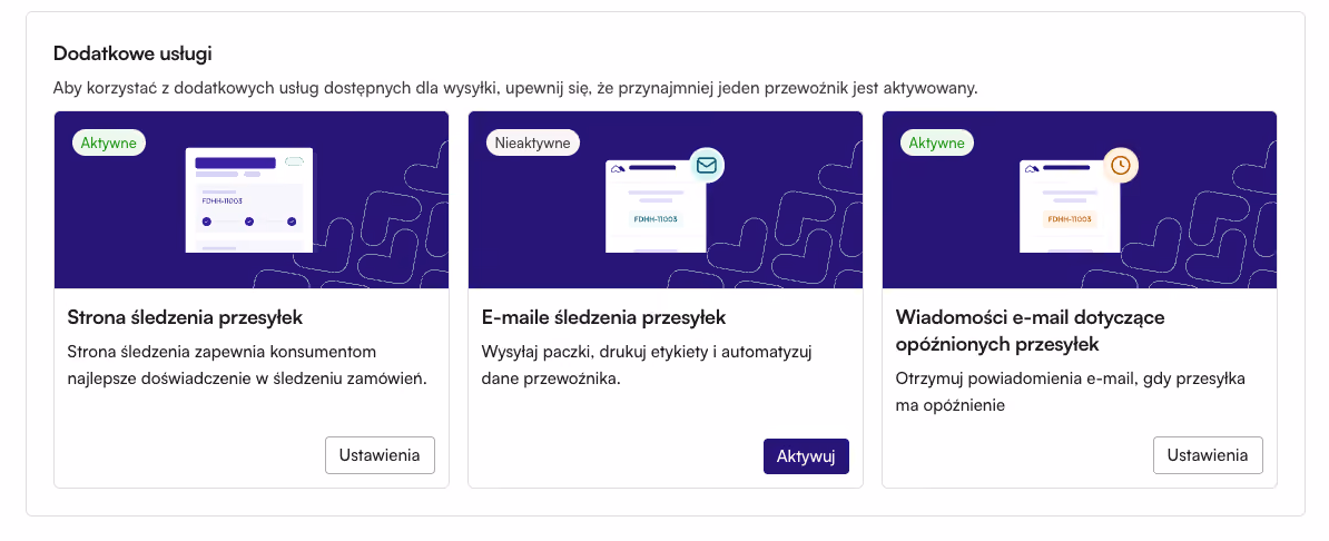 Zrzut ekranu z systemu Montonio Partner System przedstawiający dodatkowe funkcje wysyłki, takie jak strona śledzenia, e-maile dotyczące śledzenia oraz powiadomienia o opóźnieniach przesyłek.
