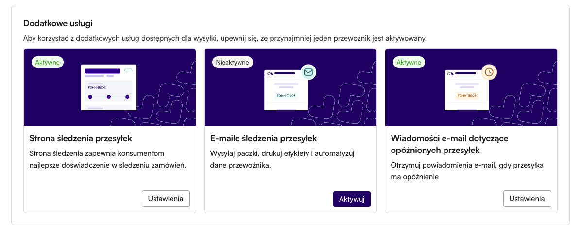 Zrzut ekranu z systemu Montonio Partner System przedstawiający dodatkowe funkcje wysyłki, takie jak strona śledzenia, e-maile dotyczące śledzenia oraz powiadomienia o opóźnieniach przesyłek.