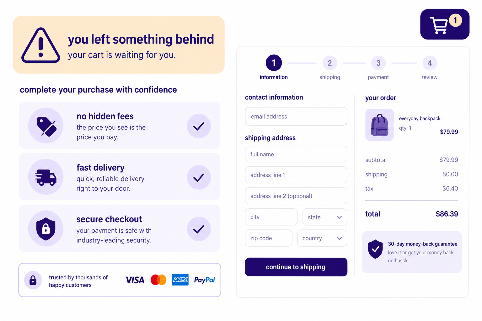 An ecommerce checkout page illustration showing an abandoned cart warning, hidden fees, fast delivery, secure checkout signals, and payment trust badges.