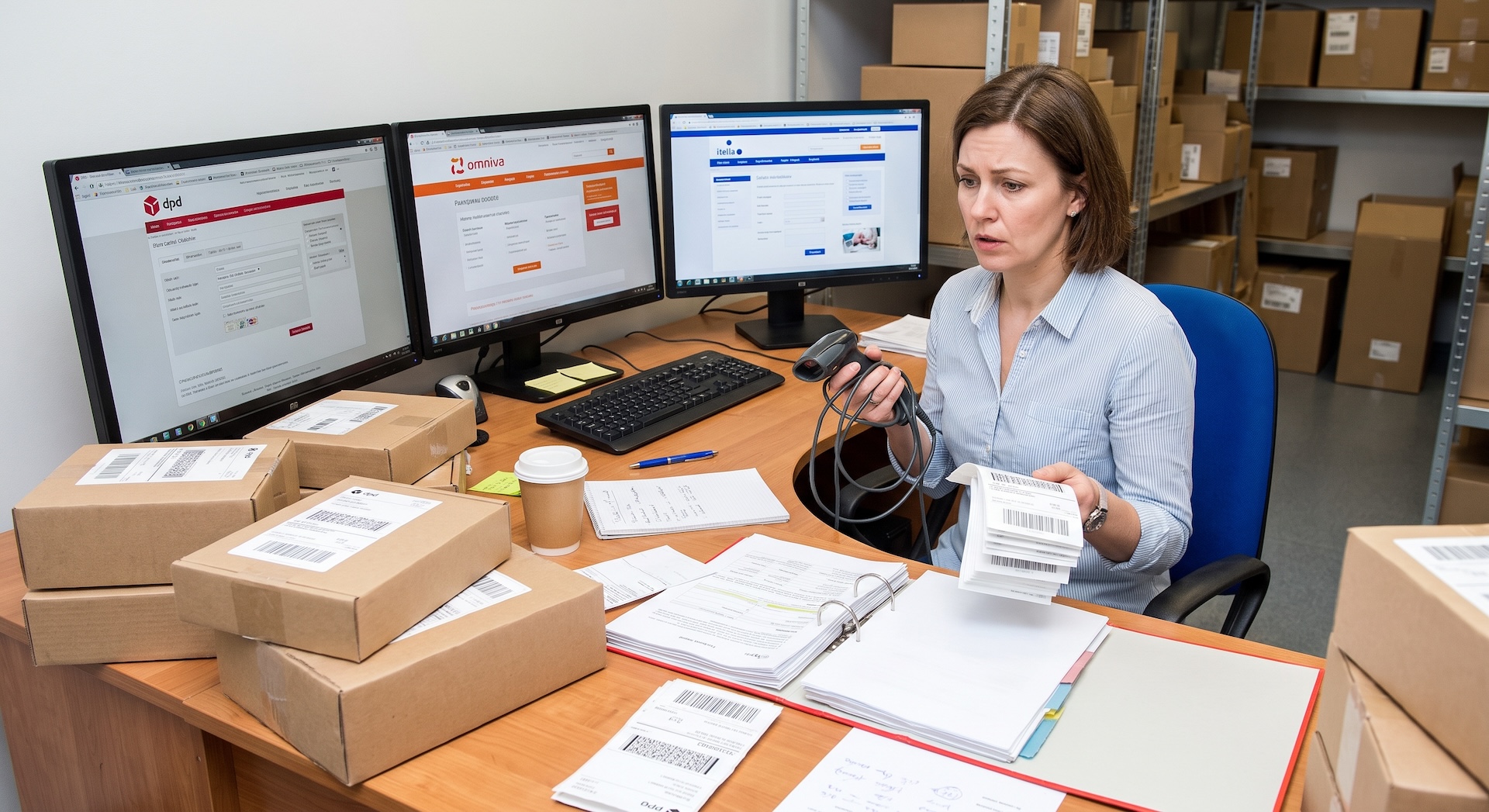 A stressed e-commerce worker sits at a cluttered desk surrounded by cardboard shipping boxes. She is holding a barcode scanner and a messy stack of shipping labels, looking overwhelmed as she manages three separate computer monitors displaying different parcel carrier portals. The image illustrates the heavy administrative burden of manually processing orders across multiple delivery integrations.