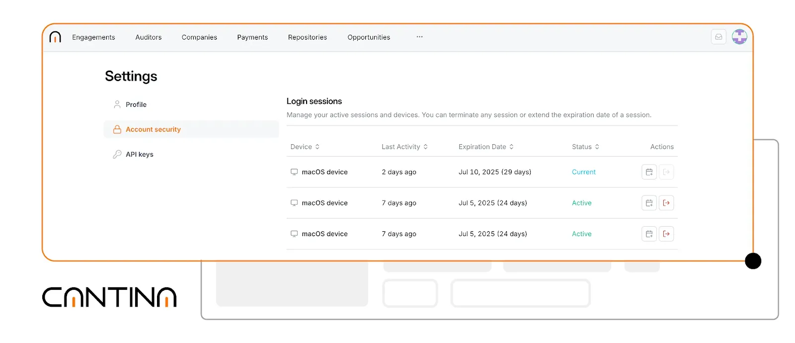 New account security dashboard showing active sessions with location, device, and session control options.