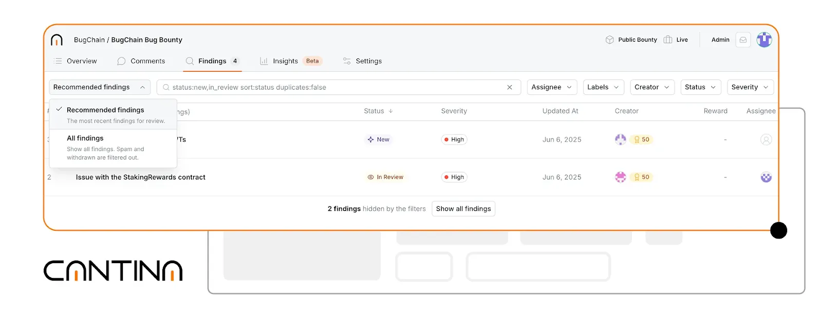 Default filters surface high-priority bounty submissions for faster review and streamlined triaging.