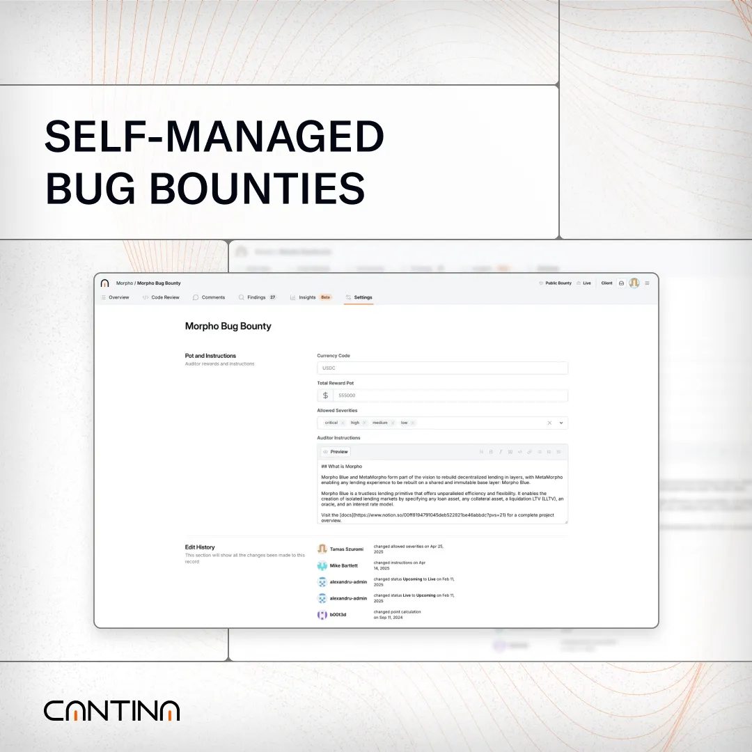Cantina dashboard showing setup interface for self-managed bug bounty programs, including instructions, token details, and scope fields.