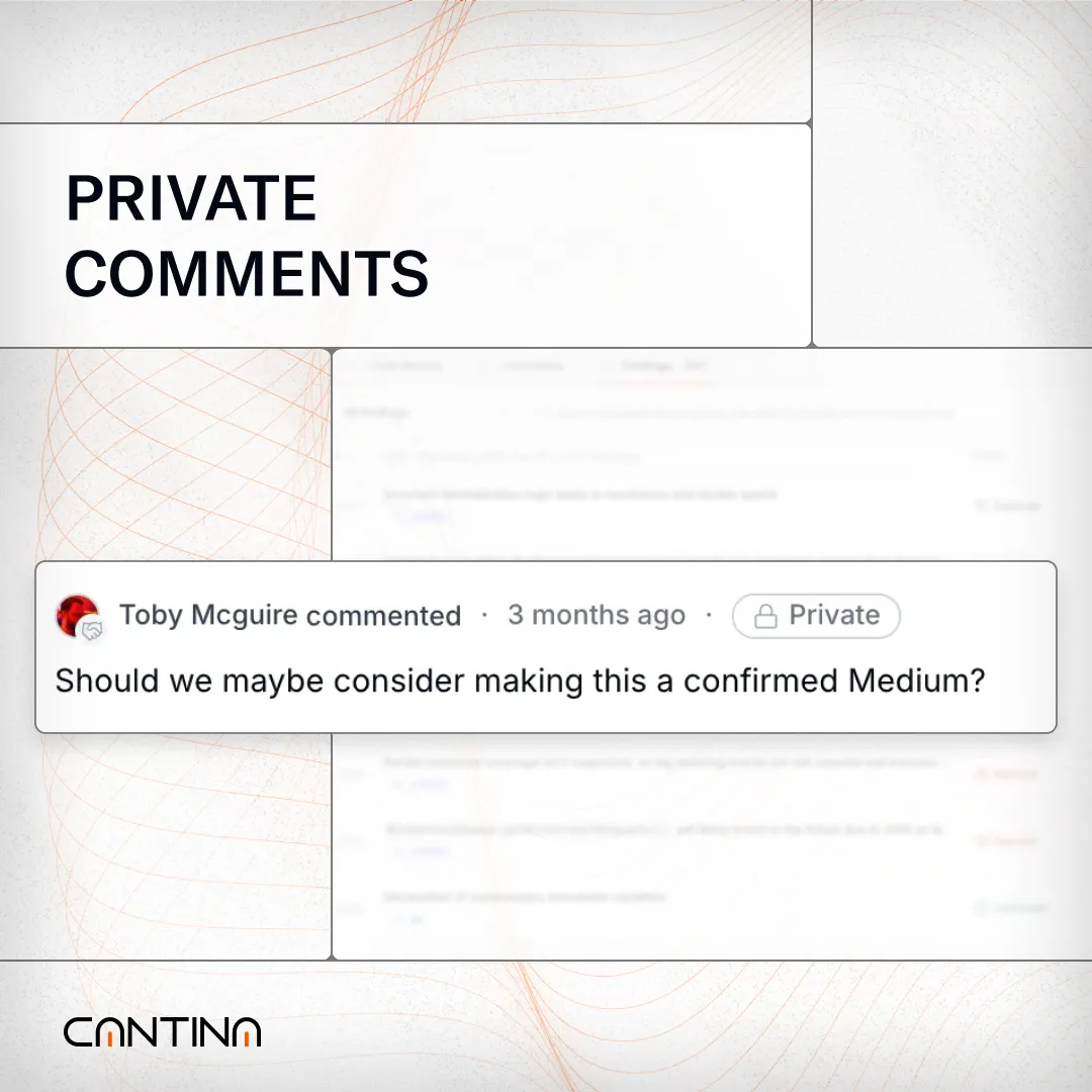 Example of a private comment thread in Cantina’s platform, showing internal reviewer discussion on issue severity classification.