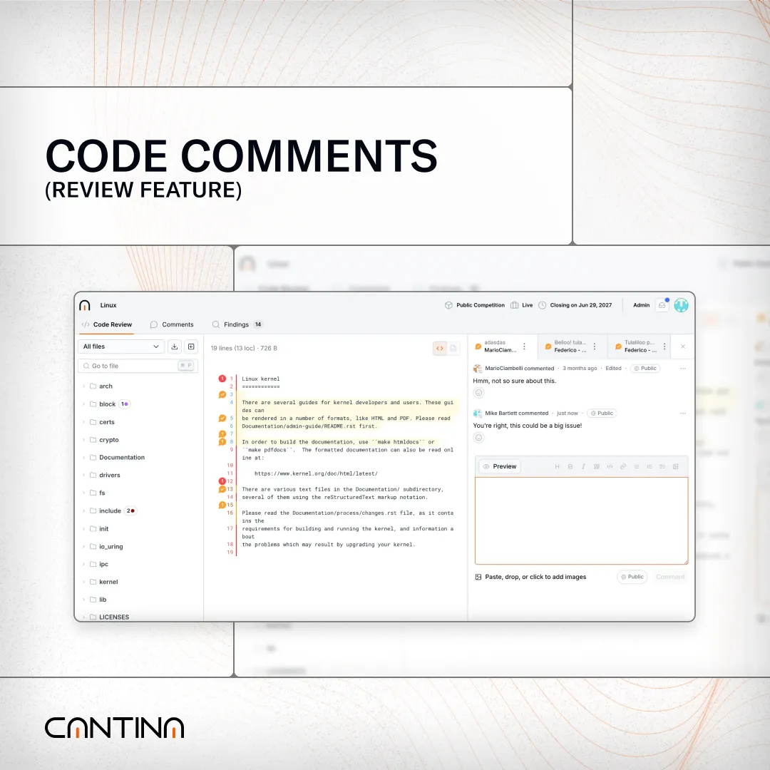 Cantina’s code review feature showing inline code comments, threaded feedback, and preview panel for new replies.