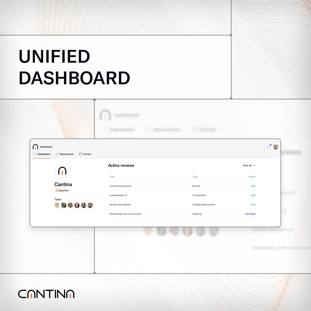 Cantina’s unified dashboard showing active reviews, team members, and project statuses in a streamlined workspace.