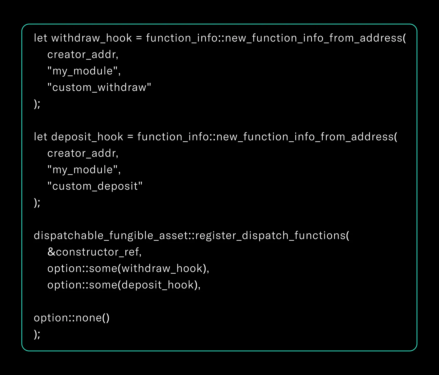 Diagram of Aptos register_dispatch_functions API overriding core token behavior via hooks.