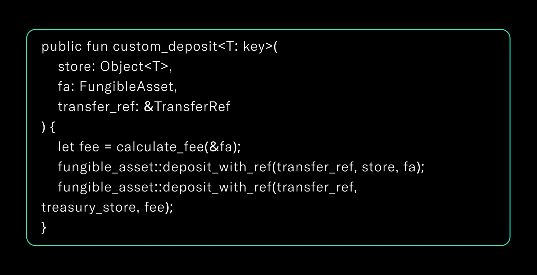 Code example of an Aptos deposit hook implementing a custom fee on token transfers