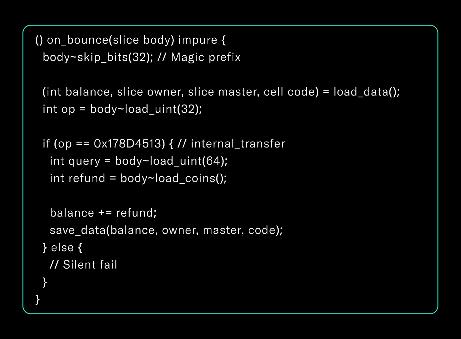 Tact onBounce handler for refunding failed transfers.