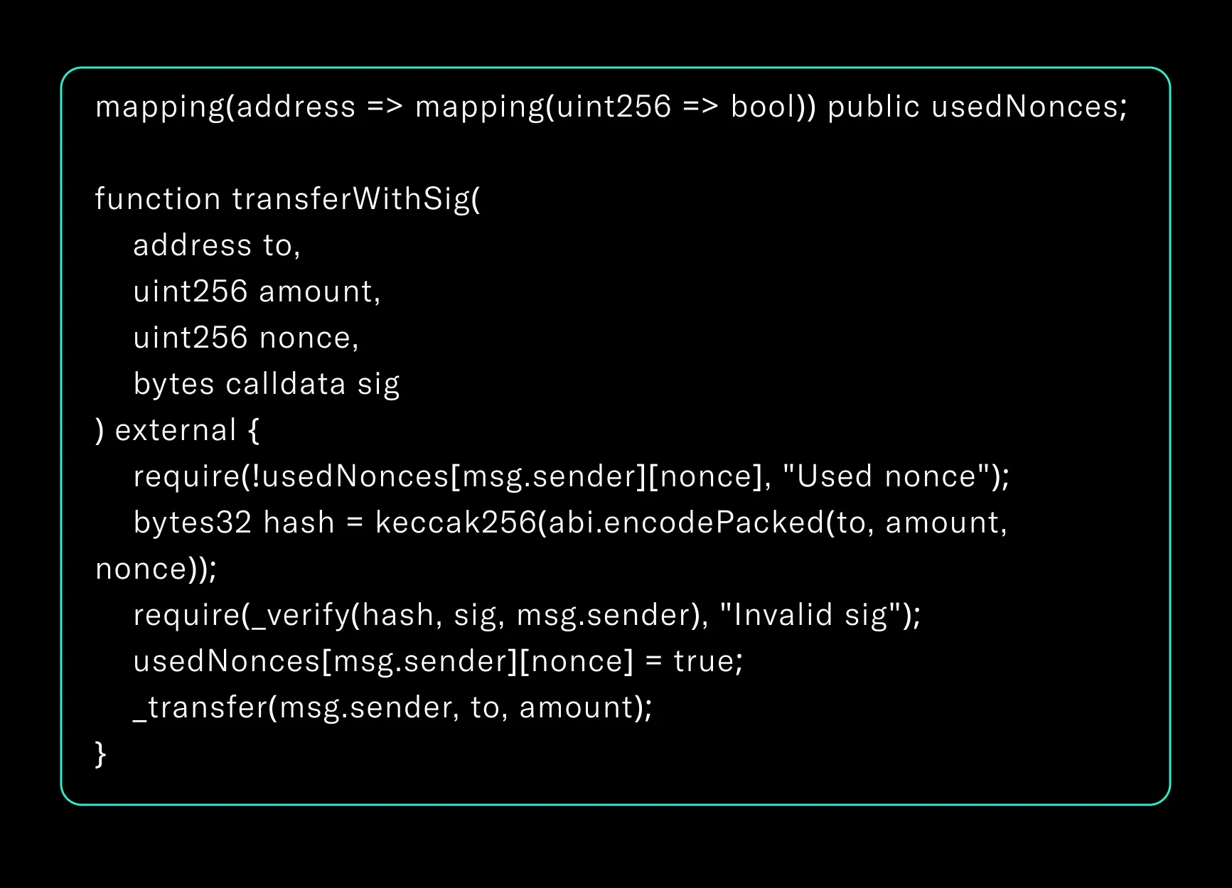 Solidity nonce-based signature validation example