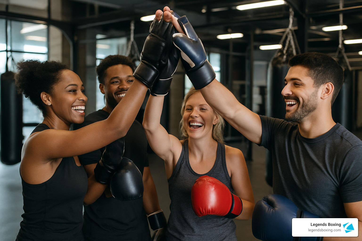 boxing class members giving high-fives after successful training session - basic boxing moves for beginners