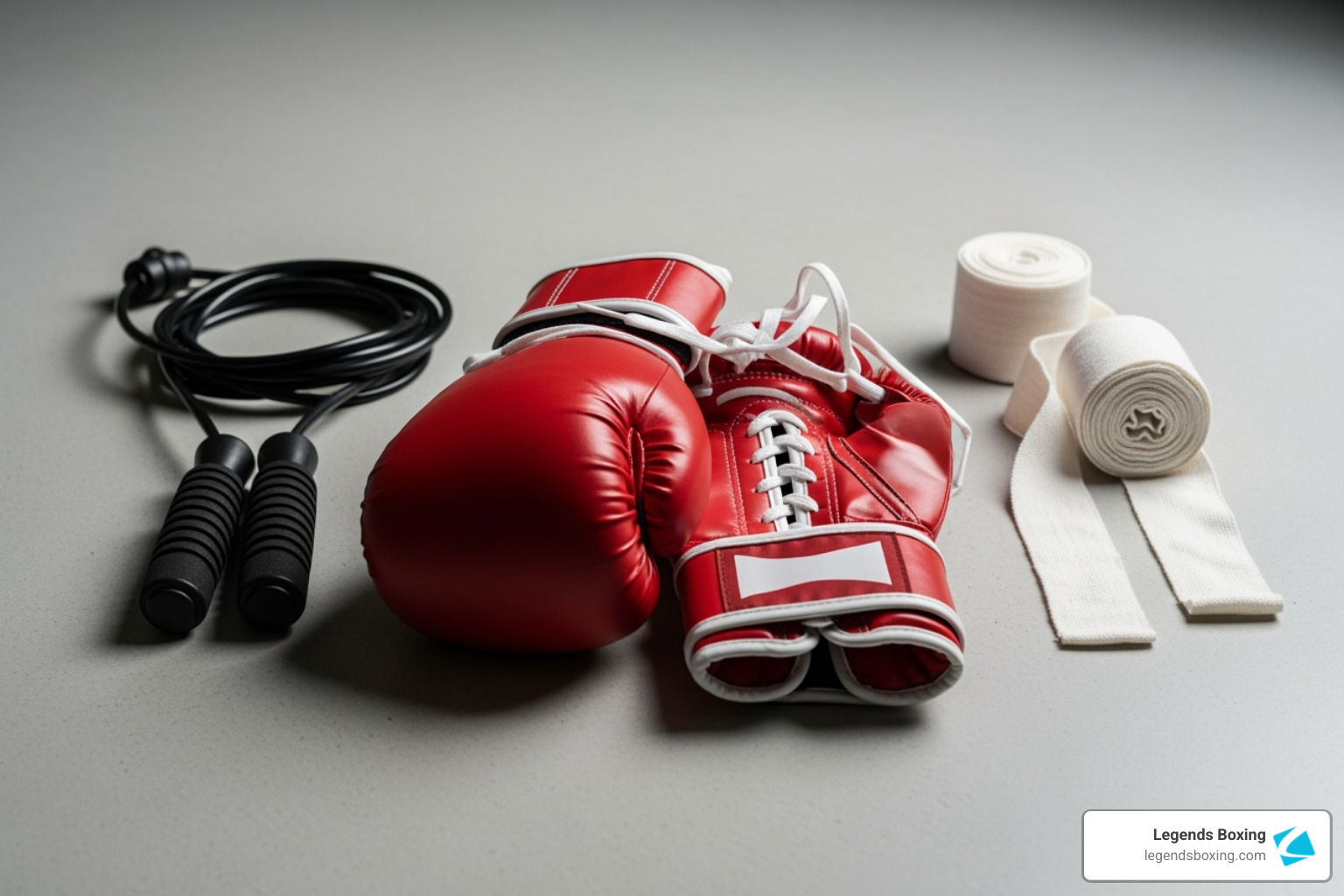 Essential beginner boxing gear laid out: hand wraps, boxing gloves, and a jump rope. - boxing skills for beginners