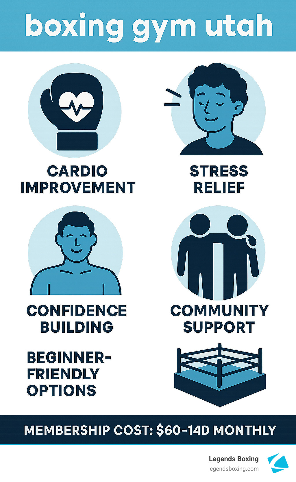 Comprehensive guide to boxing gym benefits in Utah including cardio improvement, stress relief, confidence building, community support, and beginner-friendly options with membership costs ranging from $60-140 monthly - boxing gym utah infographic 