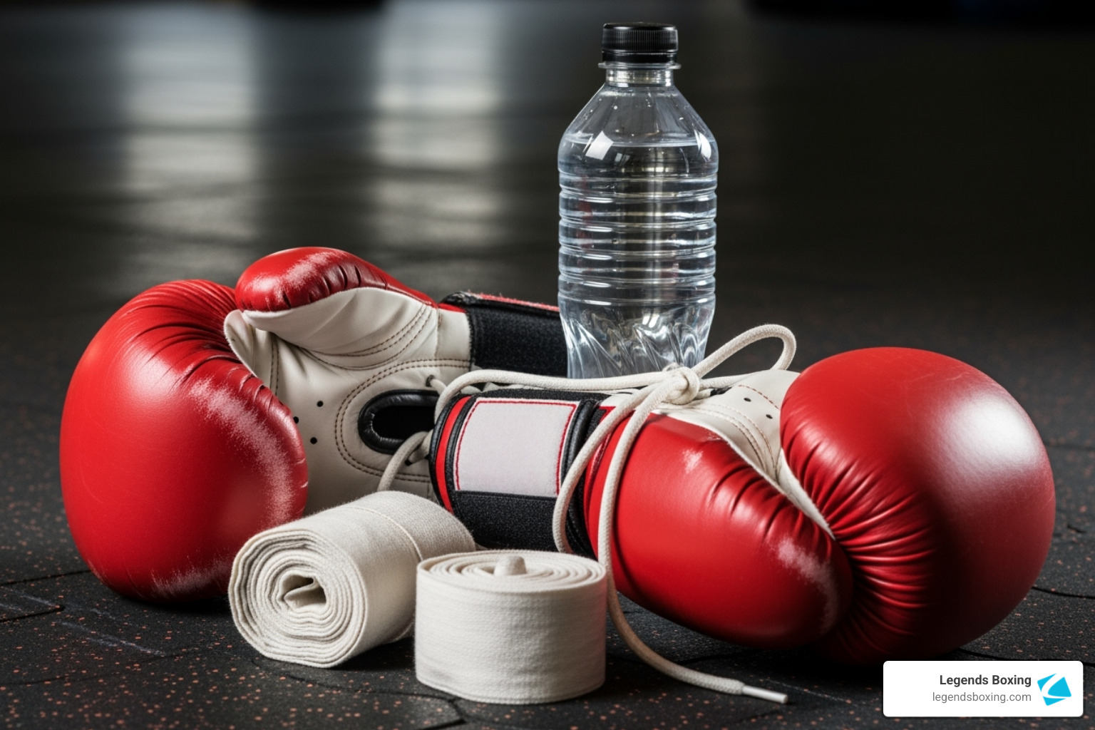boxing gloves and hand wraps next to a water bottle - boxing classes salt lake city