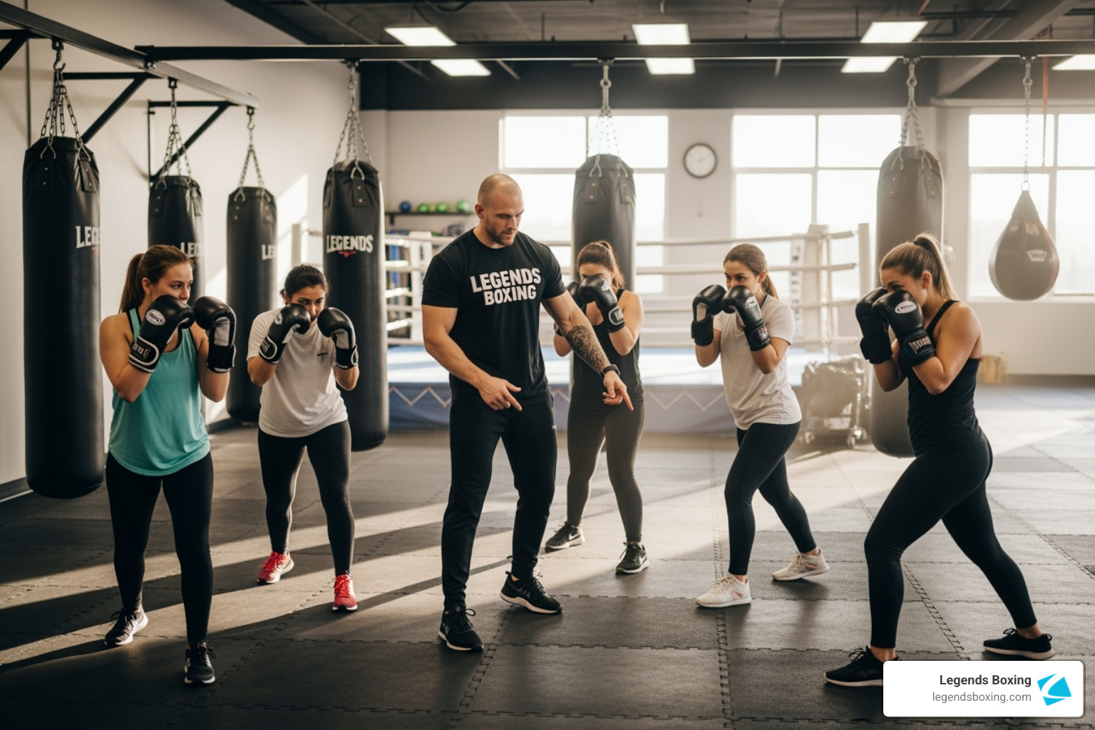 Legends Boxing coach teaching a small group of women proper stance - female boxing near me