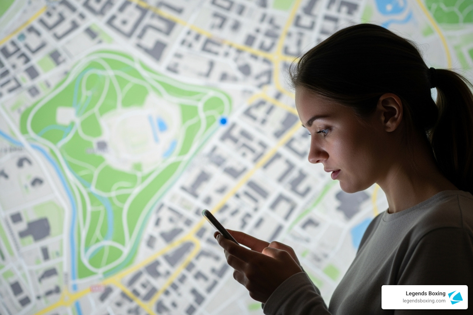 woman searching on her phone with a map interface in the background - female boxing near me