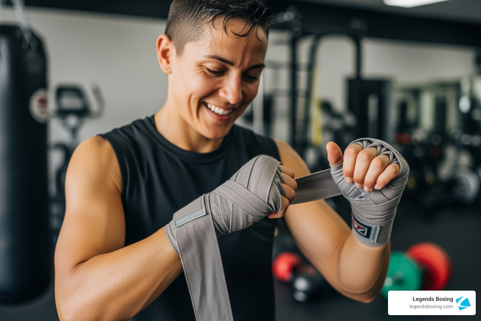 person smiling and wrapping their hands before a workout - boxing gym in ogden utah