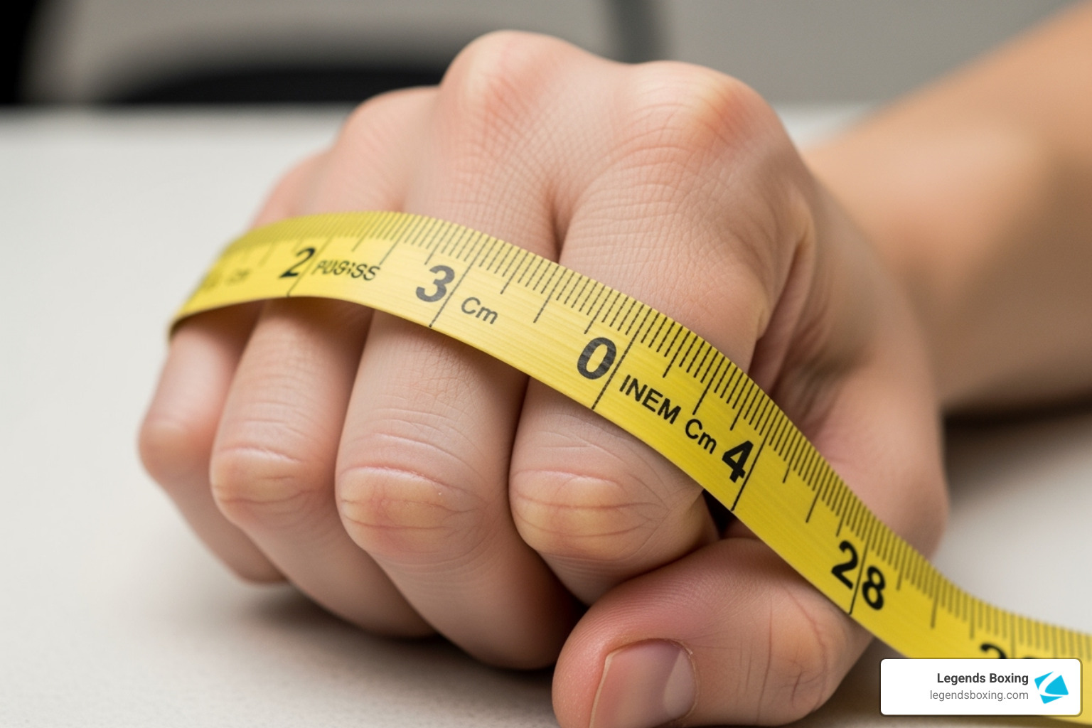 A fabric tape measure wrapped around the knuckles of a hand, showing the circumference measurement - boxing gloves how to choose size