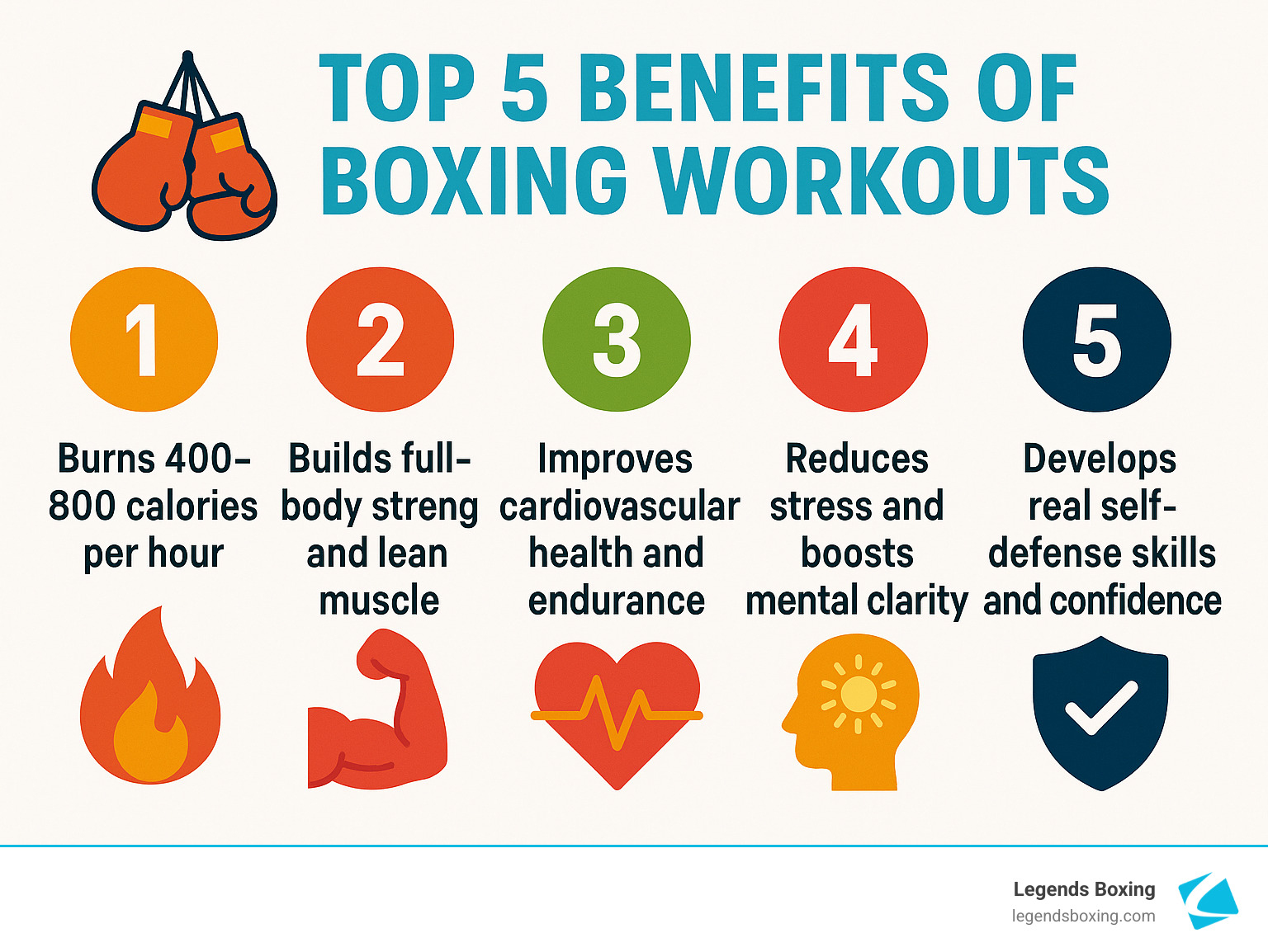Infographic showing the top 5 benefits of boxing workouts: 1) Burns 400-800 calories per hour 2) Builds full-body strength and lean muscle 3) Improves cardiovascular health and endurance 4) Reduces stress and boosts mental clarity 5) Develops real self-defense skills and confidence - boxing gym orem utah infographic 