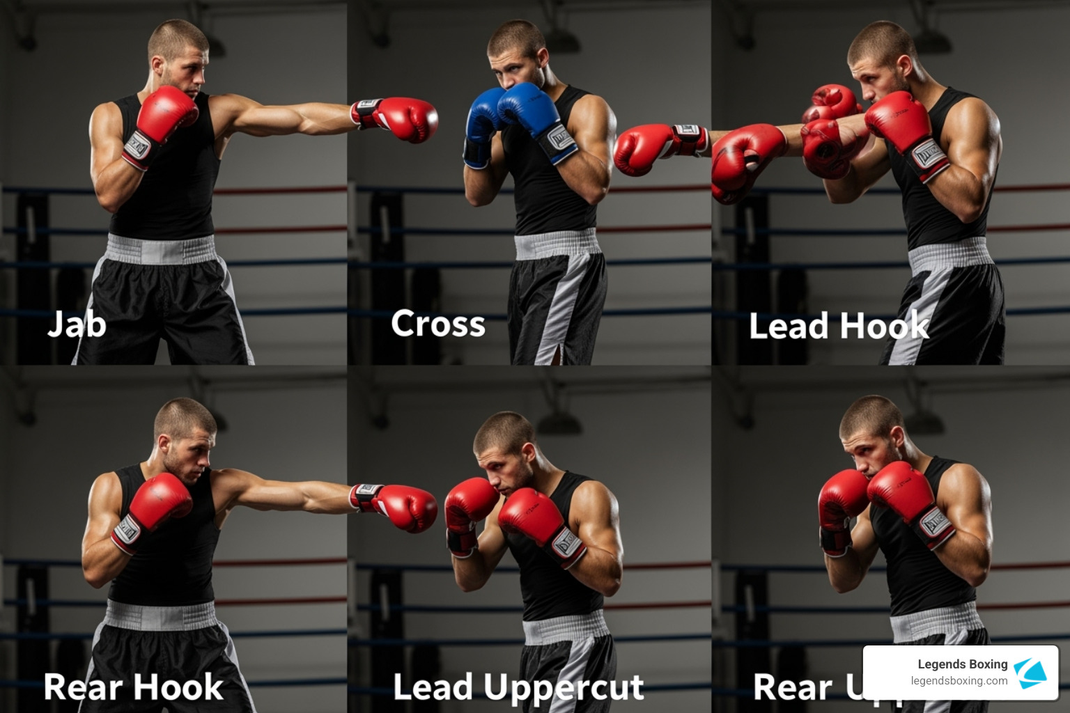 The six core punches with number labels (1-6) - Jab, Cross, Lead Hook, Rear Hook, Lead Uppercut, Rear Uppercut - beginner boxing workout routine