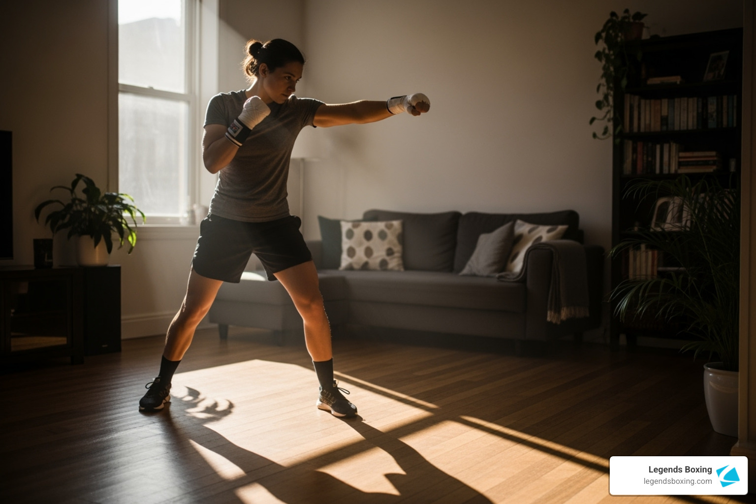 A person shadowboxing at home, demonstrating a beginner boxing workout routine - beginner boxing workout routine