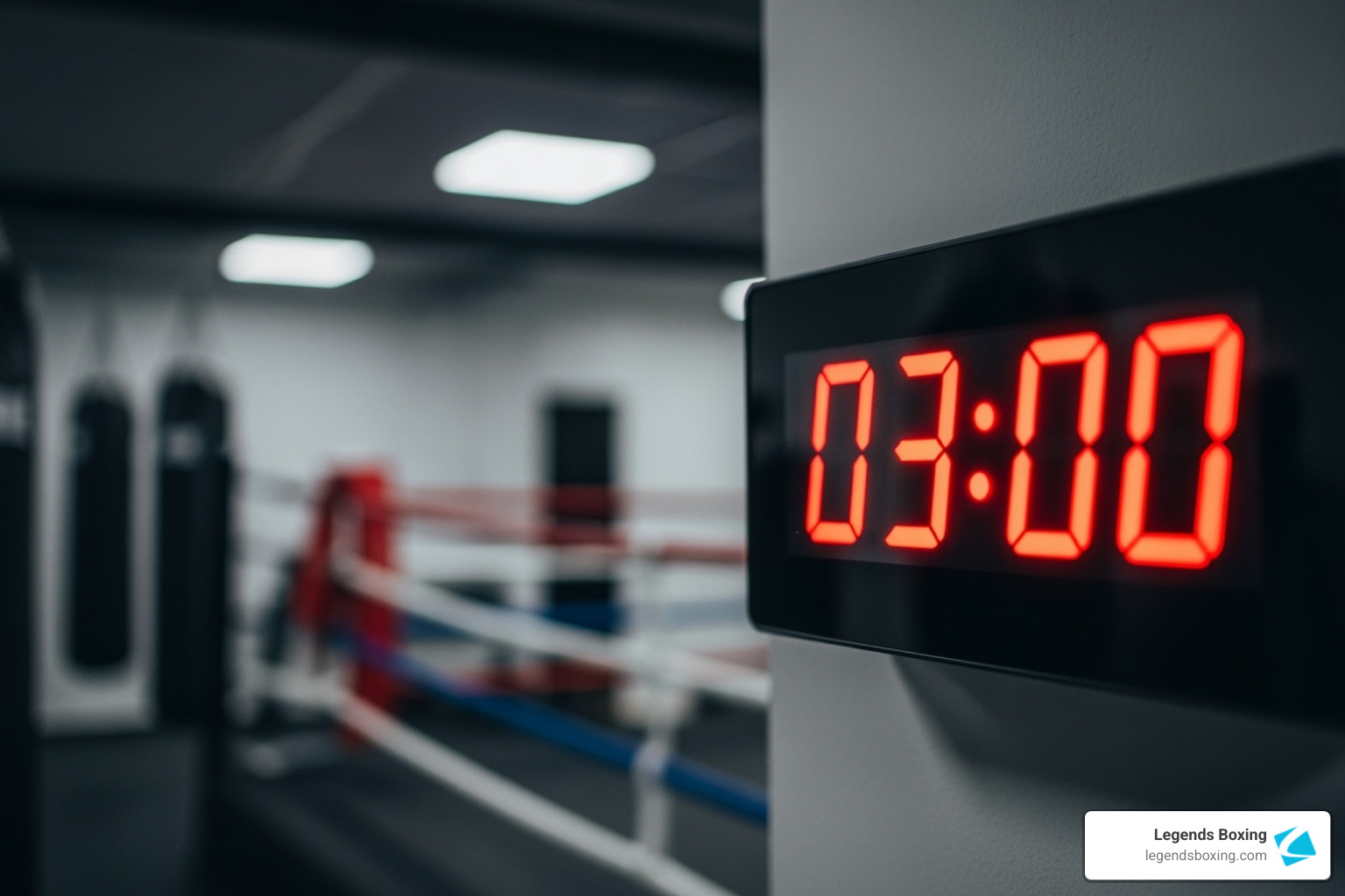Image of a gym timer displaying a 3-minute round count - heavy bag circuit