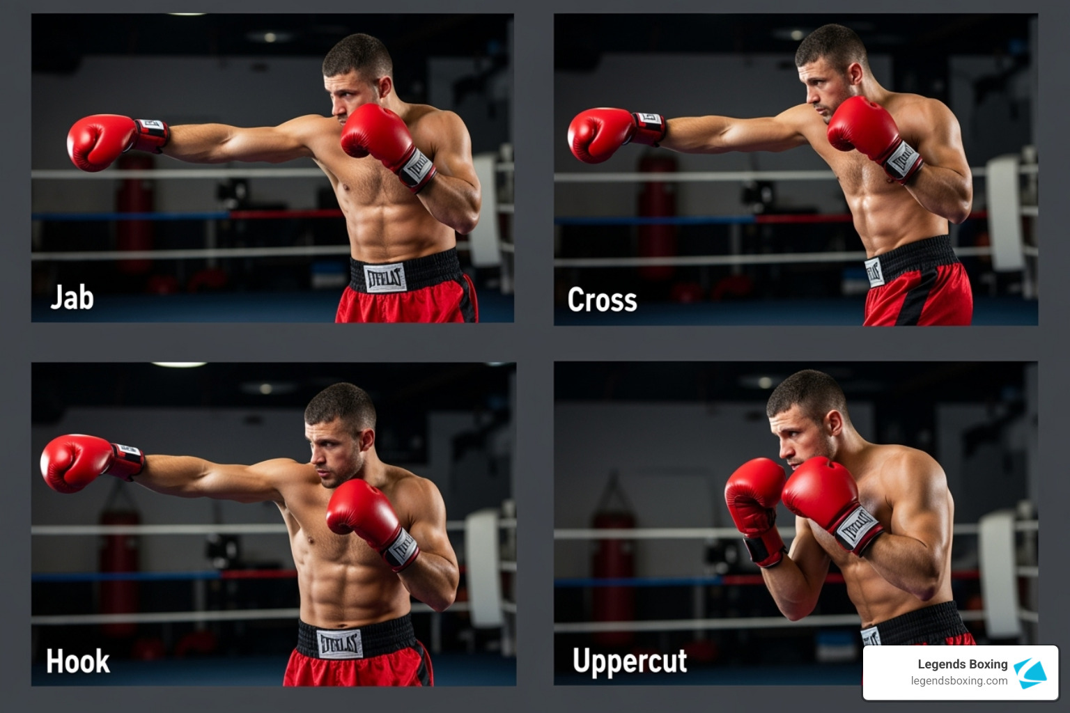 collage showing the four basic punches: Jab, Cross, Hook, and Uppercut - boxing bag training