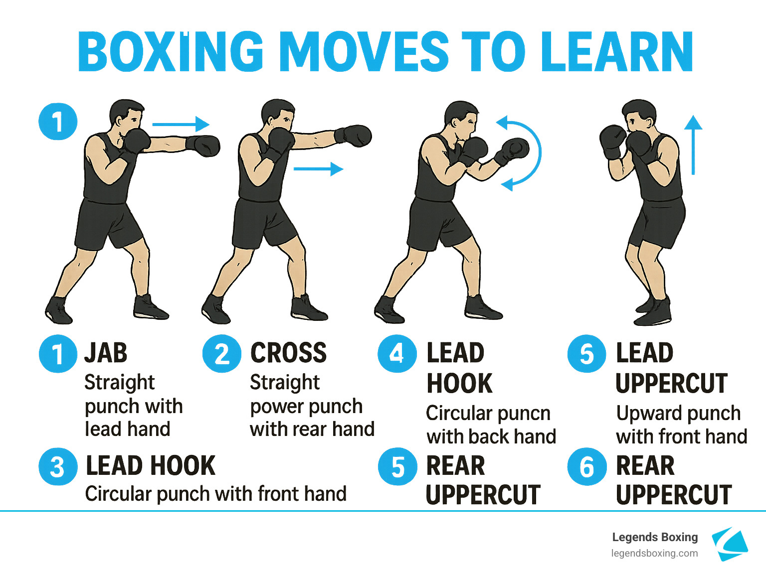 Infographic showing the six basic boxing punches: Jab (1) - straight punch with lead hand, Cross (2) - straight power punch with rear hand, Lead Hook (3) - circular punch with front hand, Rear Hook (4) - circular punch with back hand, Lead Uppercut (5) - upward punch with front hand, Rear Uppercut (6) - upward power punch with rear hand, each numbered 1-6 with arrows showing punch direction and stance positioning - boxing moves to learn infographic Infographic showing the six basic boxing punches: Jab (1) - straight punch with lead hand, Cross (2) - straight power punch with rear hand, Lead Hook (3) - circular punch with front hand, Rear Hook (4) - circular punch with back hand, Lead Uppercut (5) - upward punch with front hand, Rear Uppercut (6) - upward power punch with rear hand, each numbered 1-6 with arrows showing punch direction and stance positioning - boxing moves to learn infographic