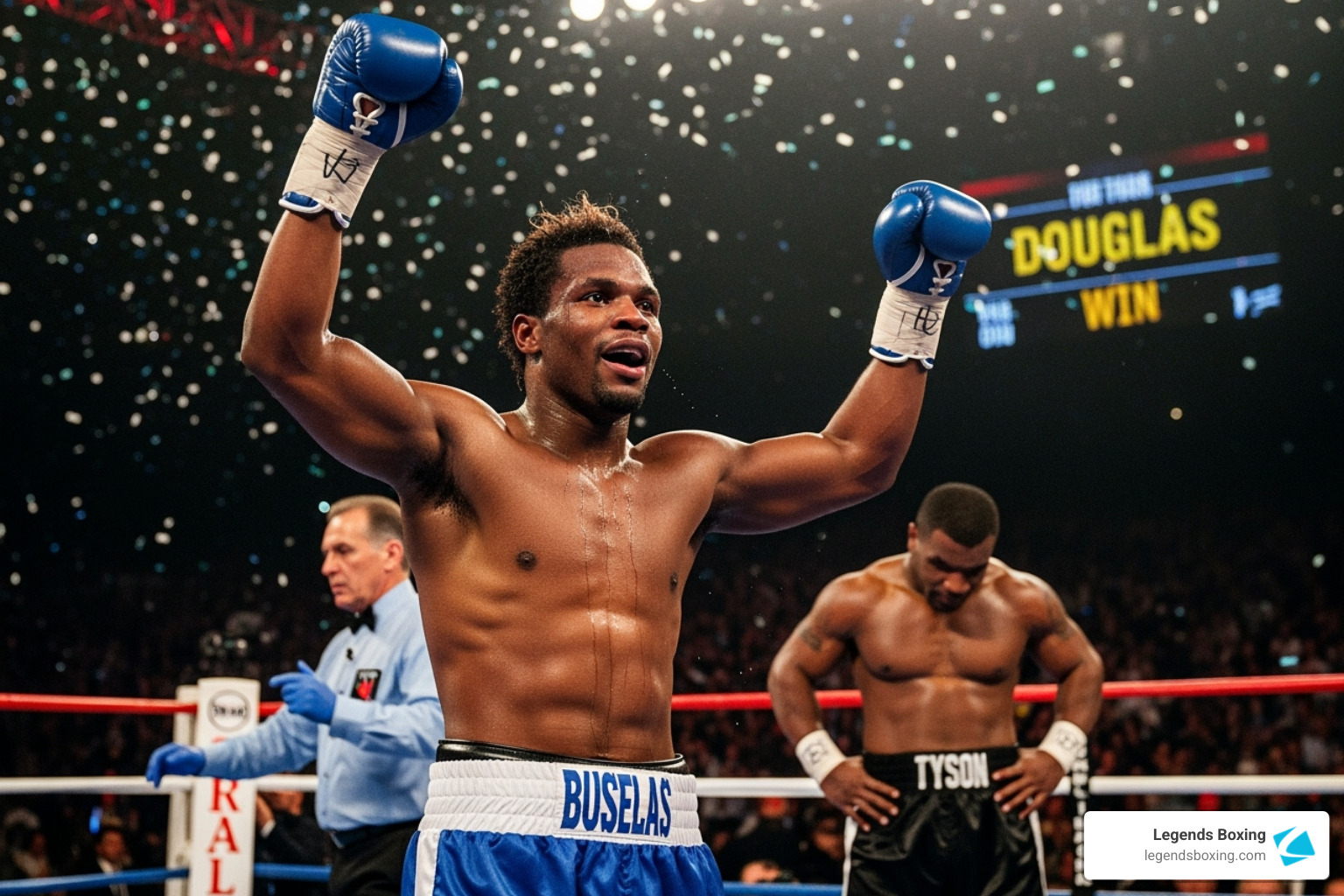 Buster Douglas celebrates his victory over Mike Tyson - boxing odds history Buster Douglas celebrates his victory over Mike Tyson - boxing odds history