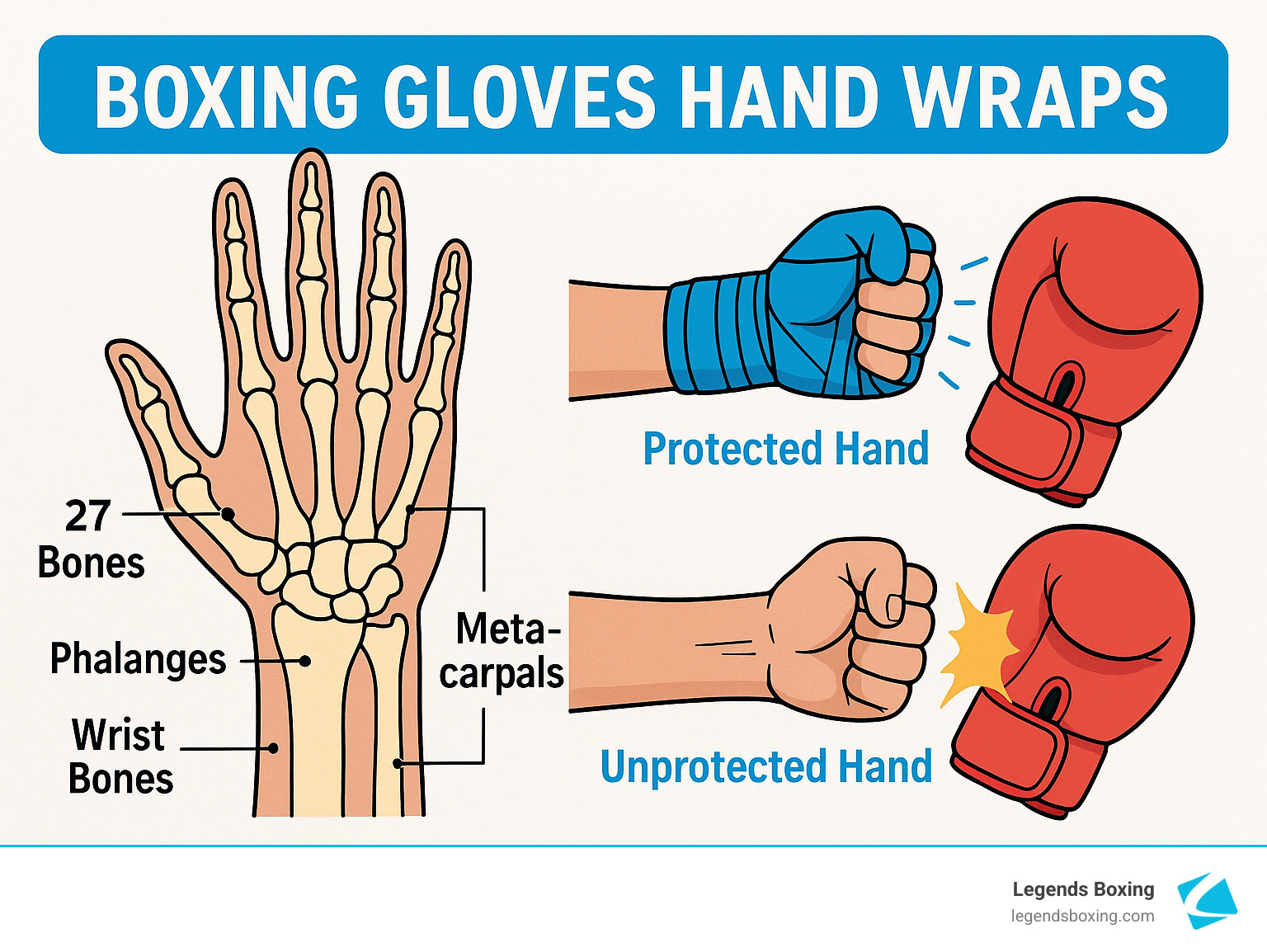 Detailed infographic showing hand and wrist anatomy with 27 bones, highlighting metacarpals, phalanges, and wrist bones that boxing gloves hand wraps protect during training, plus comparison of protected vs unprotected hands during impact - boxing gloves hand wraps infographic Detailed infographic showing hand and wrist anatomy with 27 bones, highlighting metacarpals, phalanges, and wrist bones that boxing gloves hand wraps protect during training, plus comparison of protected vs unprotected hands during impact - boxing gloves hand wraps infographic