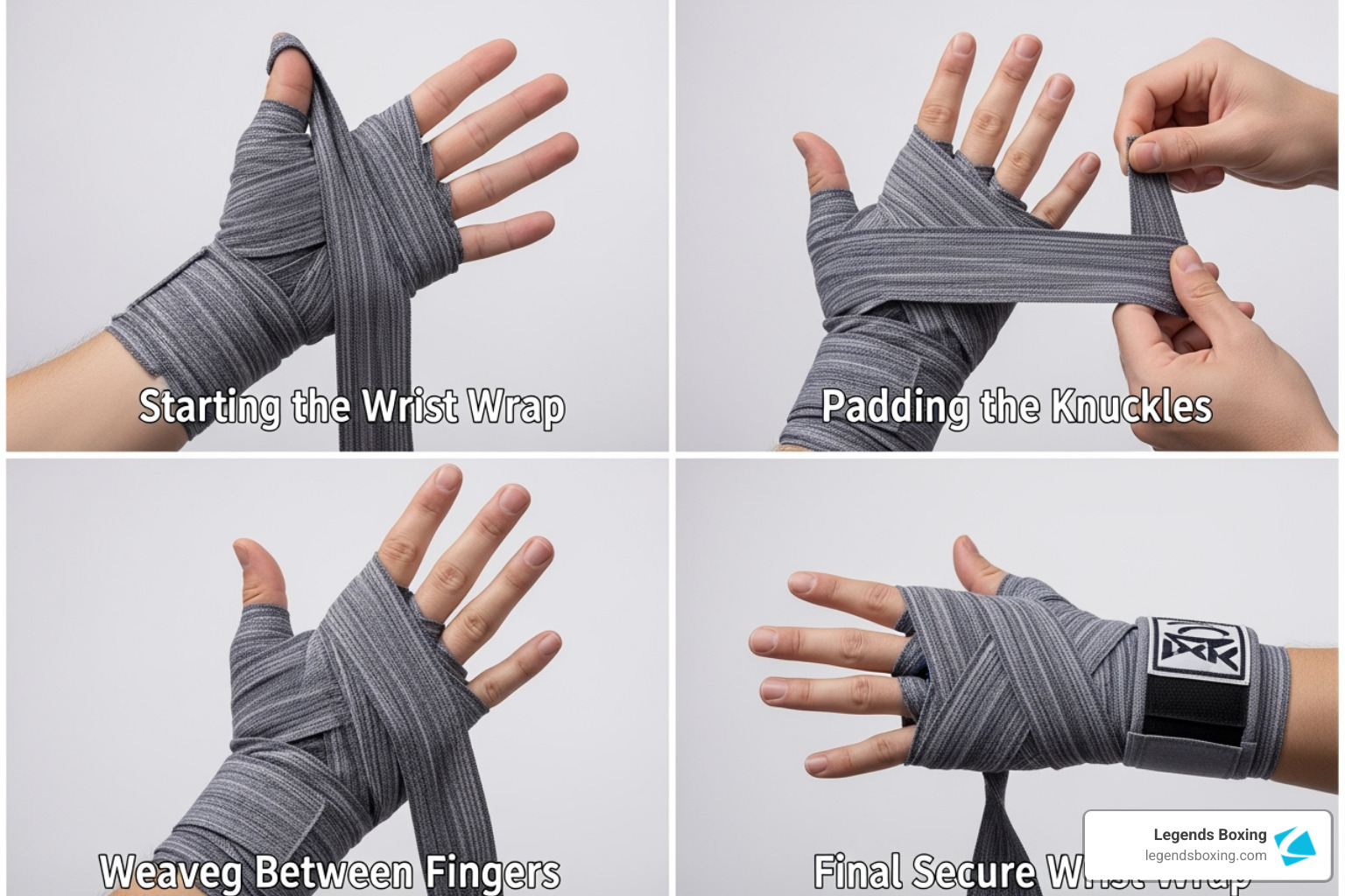 Series of four images illustrating the key steps of a standard boxing hand wrap: 1. Securing the thumb loop and wrapping the wrist, 2. Padding the knuckles with multiple passes, 3. Weaving the wrap between the fingers for added support, 4. Finishing the wrap securely around the wrist with velcro closure - boxing gloves hand wraps Series of four images illustrating the key steps of a standard boxing hand wrap: 1. Securing the thumb loop and wrapping the wrist, 2. Padding the knuckles with multiple passes, 3. Weaving the wrap between the fingers for added support, 4. Finishing the wrap securely around the wrist with velcro closure - boxing gloves hand wraps