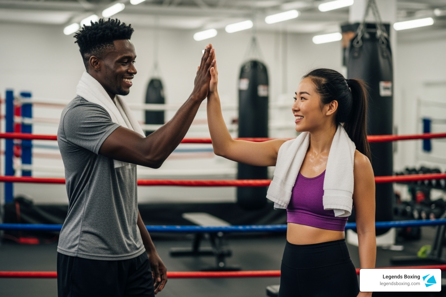 two class members giving each other a high-five - boxing and conditioning classes two class members giving each other a high-five - boxing and conditioning classes