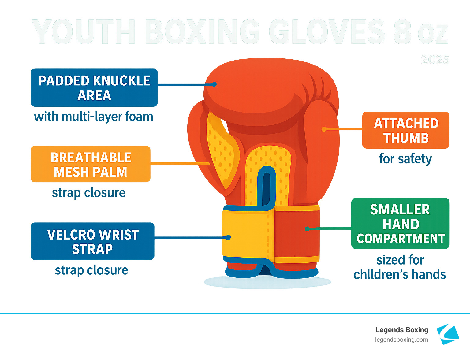 Infographic showing youth boxing glove anatomy with labeled parts: padded knuckle area with multi-layer foam, breathable mesh palm, velcro wrist strap closure, attached thumb for safety, and smaller hand compartment sized for children's hands - youth boxing gloves 8 oz infographic Infographic showing youth boxing glove anatomy with labeled parts: padded knuckle area with multi-layer foam, breathable mesh palm, velcro wrist strap closure, attached thumb for safety, and smaller hand compartment sized for children's hands - youth boxing gloves 8 oz infographic