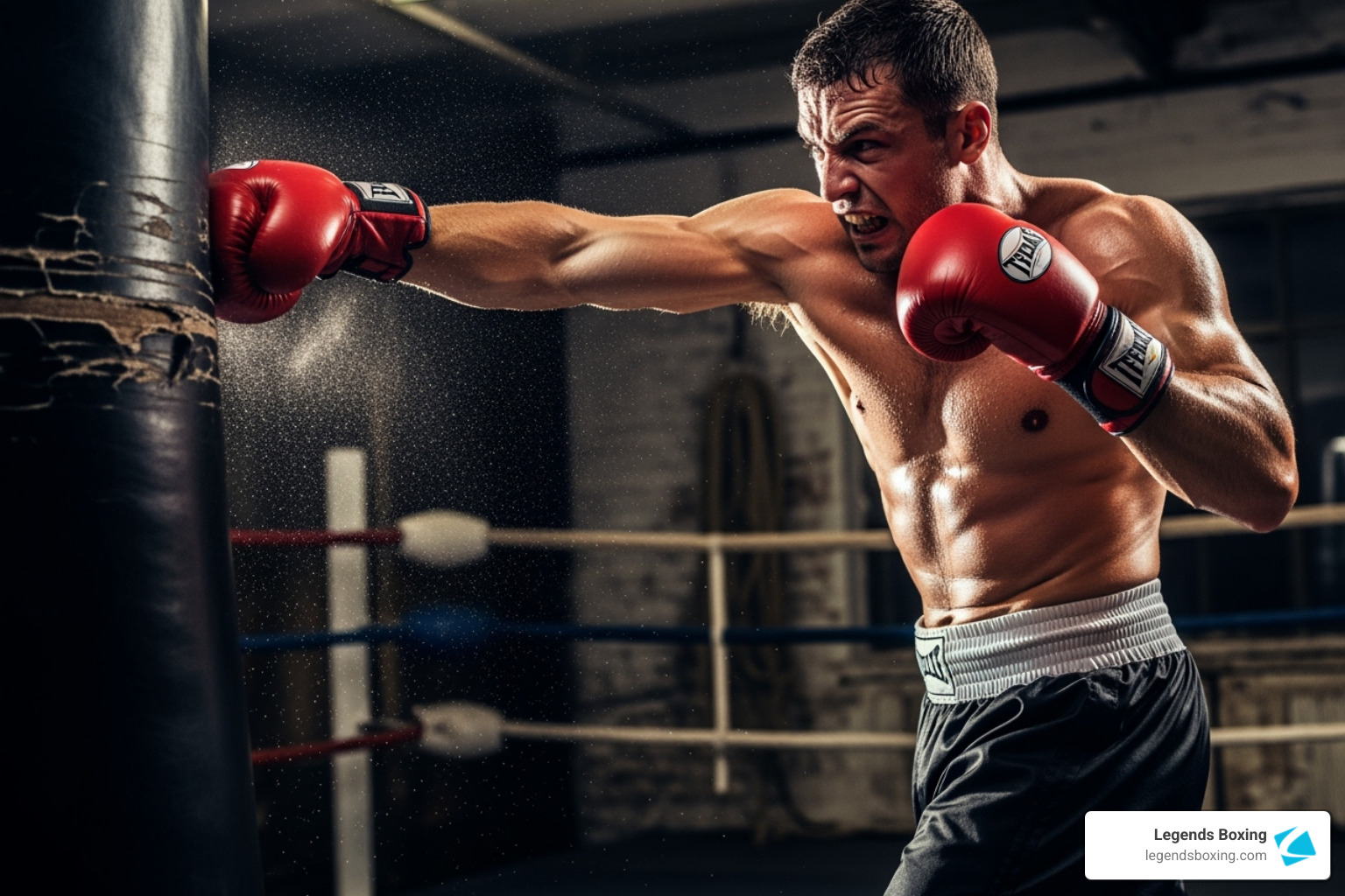 Image of a boxer throwing a powerful cross on a heavy bag - heavy bag technique drills