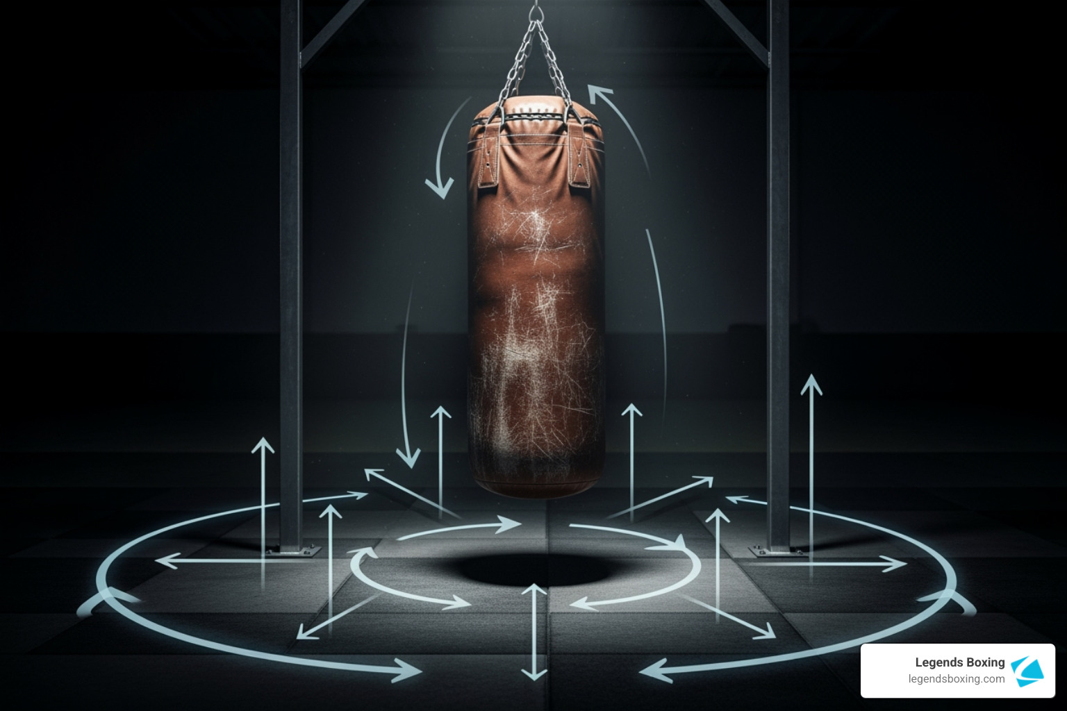 Image illustrating footwork patterns around a heavy bag, showing circular movements, lateral steps, and forward/backward movements in relation to the bag - boxing bag training drills