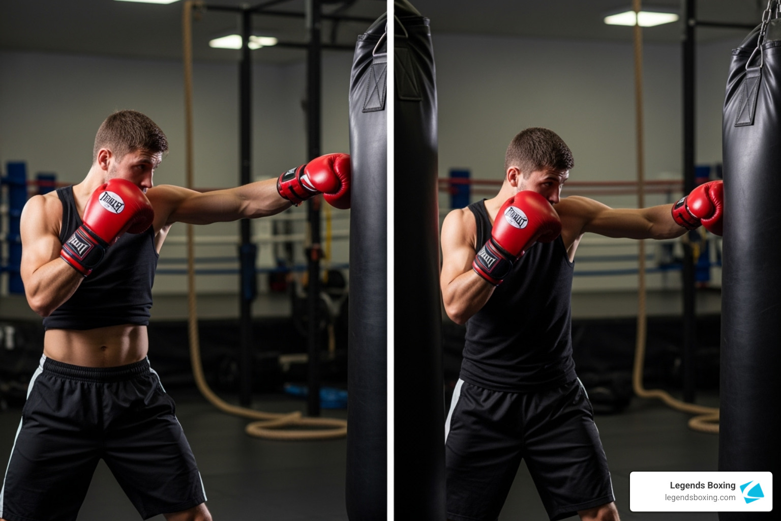 Image comparing correct vs. incorrect punching form, showing proper wrist alignment and hip rotation vs. bent wrist and arm-only punch - boxing bag training drills